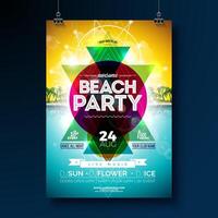 Summer Beach Party Flyer Design with Abstract Design Elements and Typography Lettering on Tropical Island Background. Summer Holiday Illustration with Exotic Palm Leaves and Flower for Banner vector