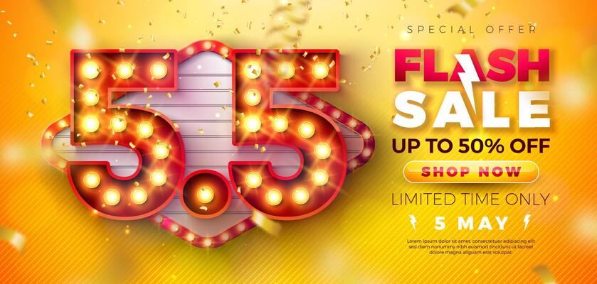 5 May Shopping Day Flash Sale Design with 3d 5.5 Light Bulb Billboard Number and Falling Confetti on Yellow Background. Special Offer 50 Percent Off Campaign Discount Illustration