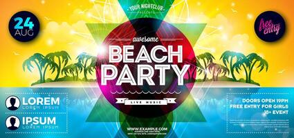 Summer Beach Party Flyer Banner Design with Abstract Design Elements and Typography Lettering on Tropical Island Background. Summer Holiday Illustration with Exotic Palm Leaves and Flower vector