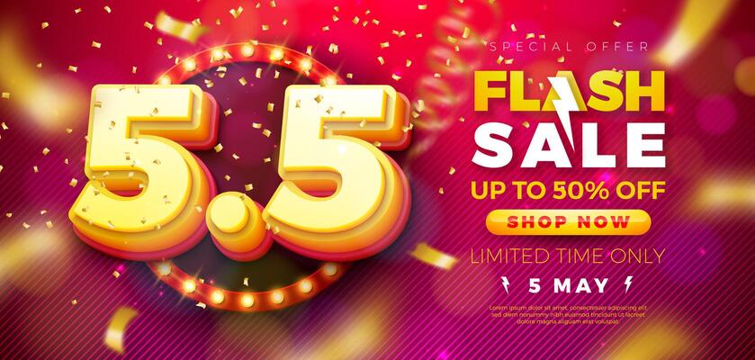 Flash Sale Design with 3d 5.5 Number, Light Bulb Billboard and Falling Confetti on Red Background. 5 May Shopping Day Special Offer 50 Percent Off Campaign Discount Illustration for Coupon