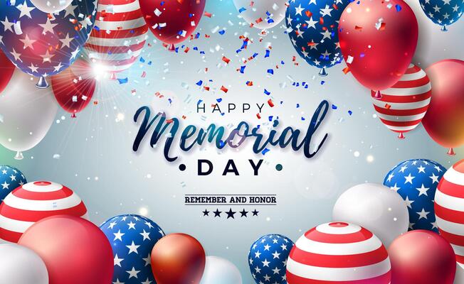 Memorial Day of the USA Design Template with American Flag Party Balloon and Falling Confetti on Shiny Light Background. National Patriotic Celebration Illustration for Banner, Greeting Card or