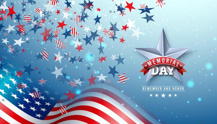 Memorial Day of the USA Illustration with American Flag on Falling Colorful Star Background. National Veteran Patriotic Celebration Design with Typography Lettering for Banner, Flyer, Greeting