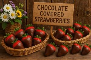 Chocolate-covered strawberries arranged in baskets photo