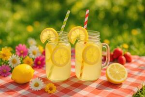 Two mason jars of lemonade with lemon slices photo