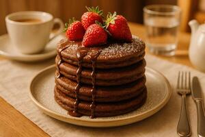 Chocolate pancakes topped with strawberries photo