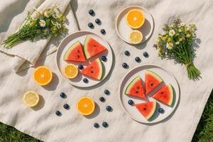 Plates with wildflowers on a picnic cloth photo