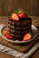 Stack of chocolate pancakes with chocolate photo