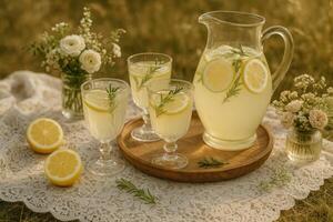 Pitcher and glasses of lemonade with rosemary photo