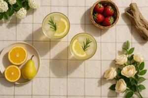 Two glasses of lemonade with lemon slices photo