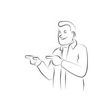 man pointing blank space illustration hand drawn with black lines isolated on white background. vector