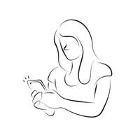 half length of woman using her cellphone illustration hand drawn with black lines isolated on white background. vector