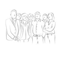 group of seven businesspeople standing together illustration hand drawn with black lines isolated on white background. vector