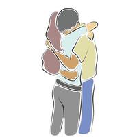 man hugging his girlfriend with long hair illustration hand drawn with black lines isolated on white background. vector