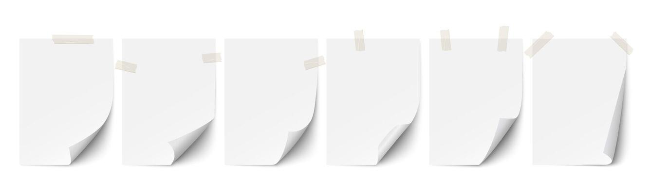 Realistic paper page with curly corner and adhesive tape,set