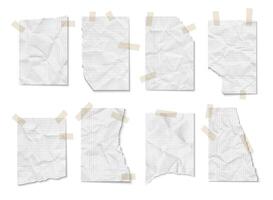 Torn crumpled pieces of paper notebook pages in a line and in a cage with adhesive tapes vector
