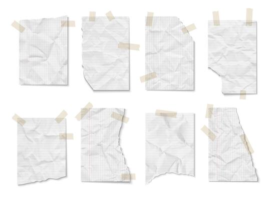 Torn crumpled pieces of paper notebook pages in a line and in a cage with adhesive tapes