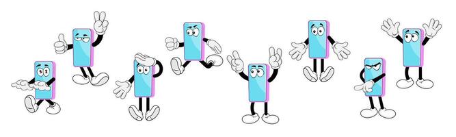Groovy smartphone cartoon characters,retro style vector