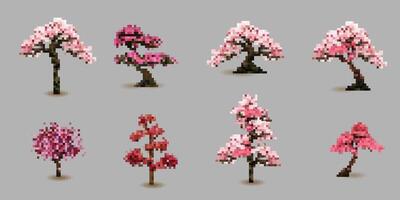 Blooming tree pixel art, sakura tree with flowers set vector