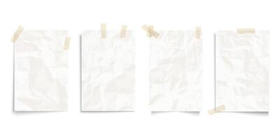 Realistic crumpled pieces of paper notebook pages in a line and in a cage with adhesive tapes vector