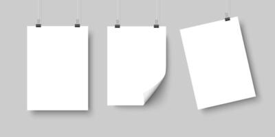 Realistic hanging blank white paper sheets with shadow vector