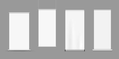 roll up banners stand mockups isolated on grey background vector