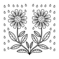 A coloring page with two flowers and rain drops vector