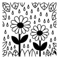 A coloring page with two flowers and raindrops vector