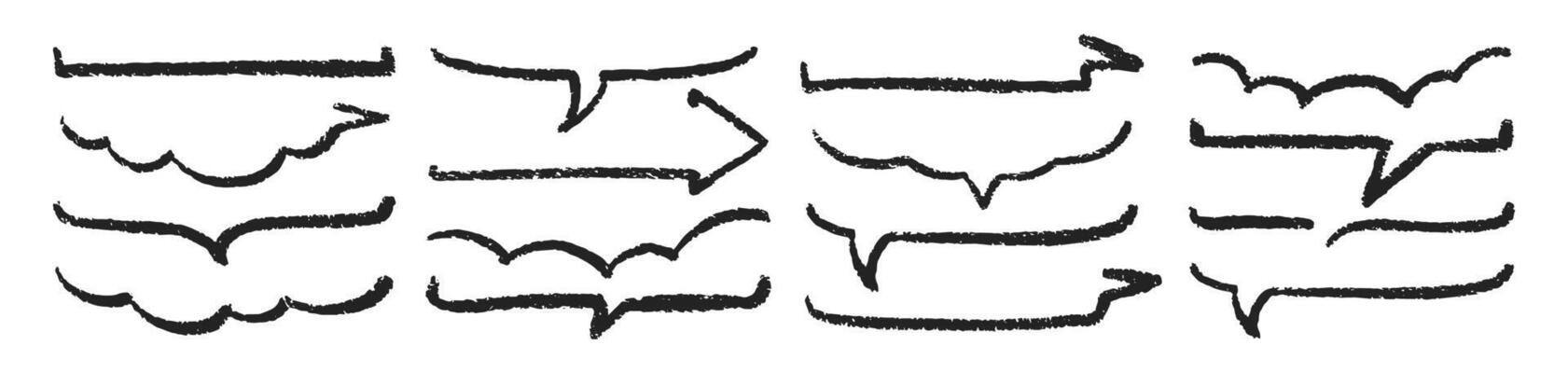Set of bottom part of comic speech bubbles drawn in a sketch style with organic texture. Text boxes with chalk and crayon texture . illustration.