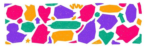 Set of speech bubbles, zigzag line and heart with crayon or grunge texture. Retro illustration on white background. vector