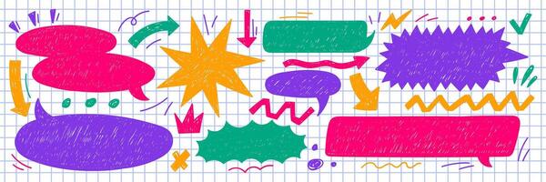 Set of text boxes, speech bubbles, arrow and star with crayon or chalk texture. Retro illustration on the notebook pages. vector
