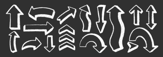 Set of grunge arrows with crayon, chalk or pastel texture. Scribble hand drawn elements for school design. White illustration on a blackboard. vector
