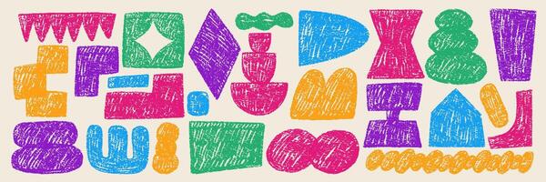 Set of abstract funky shapes with crayon, pastel or chalk texture. Rhomb, cloud, label and oval in retro style. Rough color illustration. vector
