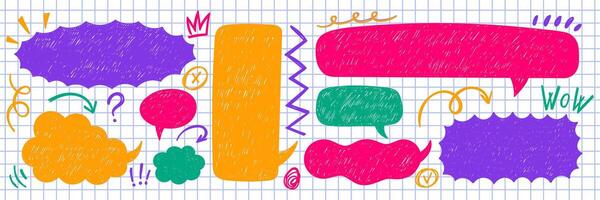 Set of text boxes, speech bubbles, arrow, crown and zigzag line with crayon or chalk texture. Retro illustration the notebook pages. vector