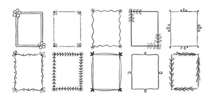 Set of outline squiggle frames with crayon, chalk or pastel texture. Design elements with floral elements for photo decoration. Black illustration on a white background. vector