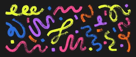 Set of curve brush strokes with organic texture. Abstract hand drawn elements painted by dry brush. Color illustration on a balckboard. vector