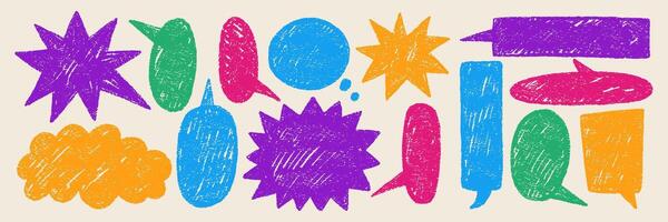 A playful illustration of speech bubbles, drawn with chalk and crayon or pastel. Colorful children's illustration with text boxes for chats in retro style. vector