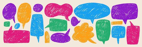 set features hand-drawn speech bubbles, using pencil and crayon textures. Colorful text boxes is a pastel doodle for conversations in retro style. vector