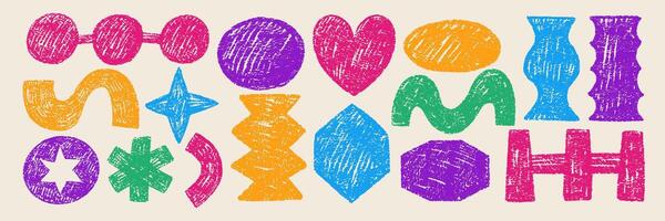 Set of geometric shapes with circle, heart, rhomb, oval and star with crayon, pastel or chalk texture. Rough color illustration. vector