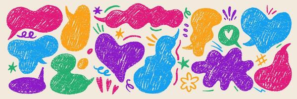 A collection of speech bubbles, illustrated with rough chalk, crayon or pastel textures. Colorful hand-drawn elements for design in retro style. vector