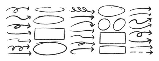 Set of arrows, ovals and square with crayon, chalk and marker texture. Grainy design elements for study or diary. Sketch illustration isolated on a white background. vector