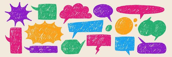 graphic set of speech bubbles hand-drawn with pencil, crayon, chalk or pastel. Colorful text boxes for dialogue with organic texture in retro style. vector
