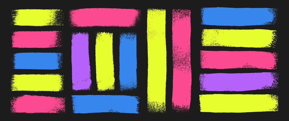 Hand drawn paintbrush set with organic texture. Grange strokes, text frames and tags. Color illustration on a blackboard.