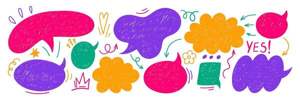 Set of text boxes, speech bubbles, arrow and crown with crayon or chalk texture. Retro illustration on the white background. vector