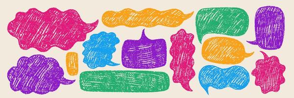 Cute speech bubbles drawn with organic texture. Doodle text boxes with chalk and crayon texture for a kids chat or dialog. Color illustration in retro style. vector