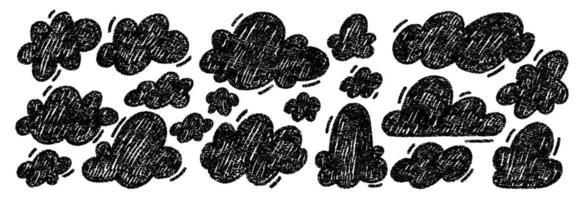 Set of hand drawn cloud with crayon or chalk texture. Scribble shapes in sketch style for kids. Black illustration on a white background. vector