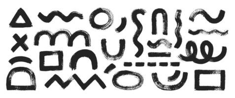 Set of organic funky shapes with brush or chalk texture. Triangle, circle and zigzag. illustration. vector