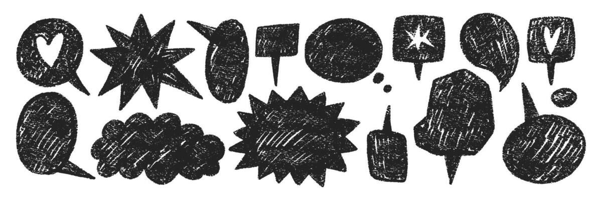 Text boxes, cloud, star and heart with grungy organic textures. Rough shapes painted by crayon. illustration.
