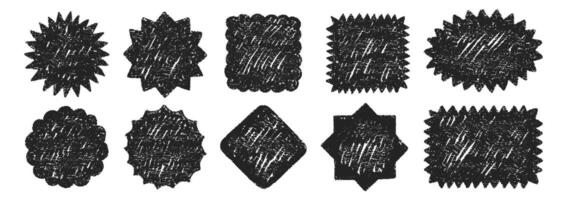Set of labels or different geometric shapes with zigzag edge and crayon chalk or pastel texture. Circle, rhomb, oval and rectangle. Black illustration on a white background. vector