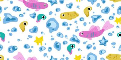 Seamless colorful cartoon fish pattern with multicolored fish, bubbles, drops, and star elements. Bright and fun underwater concept in a flat doodle style. vector