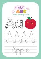 Adorable kawaii fruit tracing worksheet for children to practice the alphabet and learn about healthy foods in a fun preschool or kindergarten learning setting vector